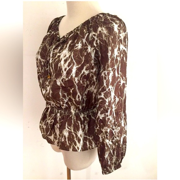 MICHAEL KORS Petite Silk Peplum Top Blouse Brown White & Taupe Size L - Picture 1 of 10